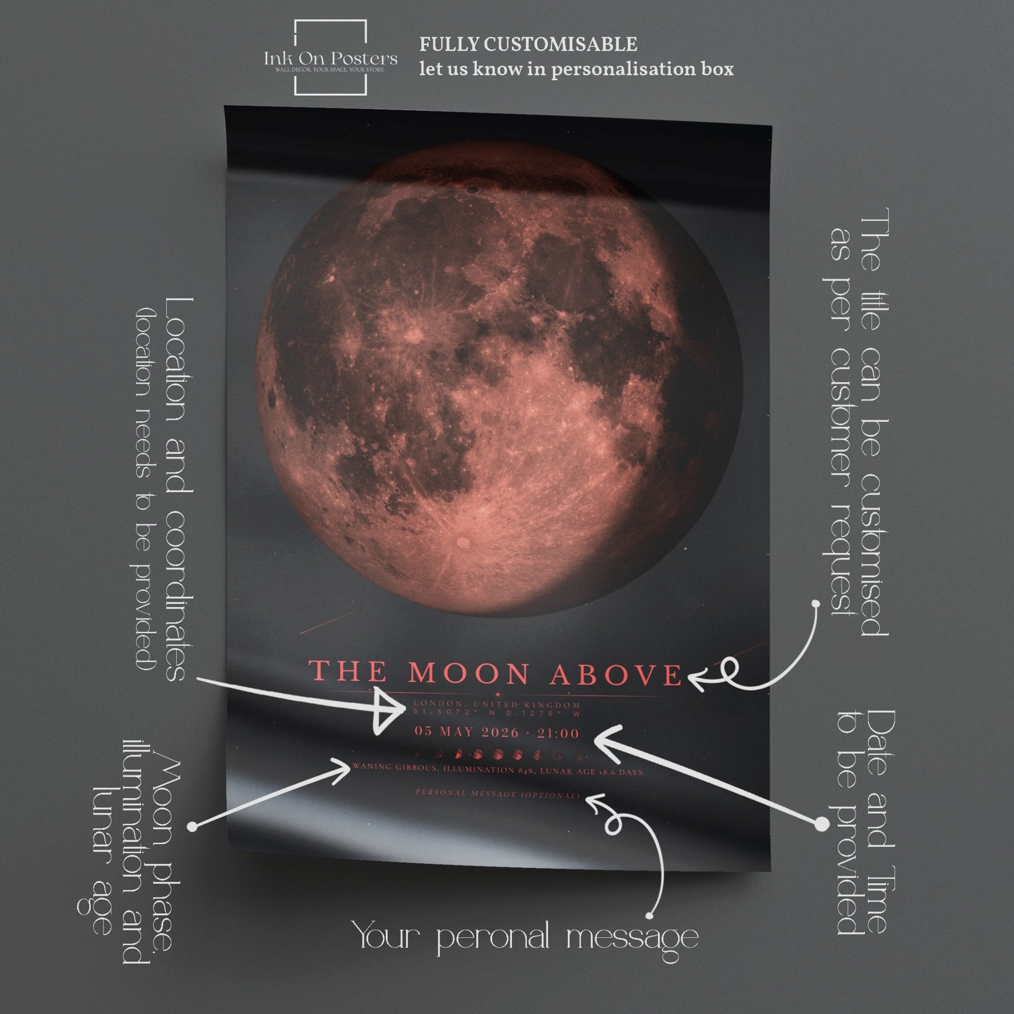 Moon Phase Poster Print: Custom Moon Art Print — Crimson Edition - InkOnPostersMoon Phase Poster Print: Custom Moon Art Print — Crimson EditionPoster